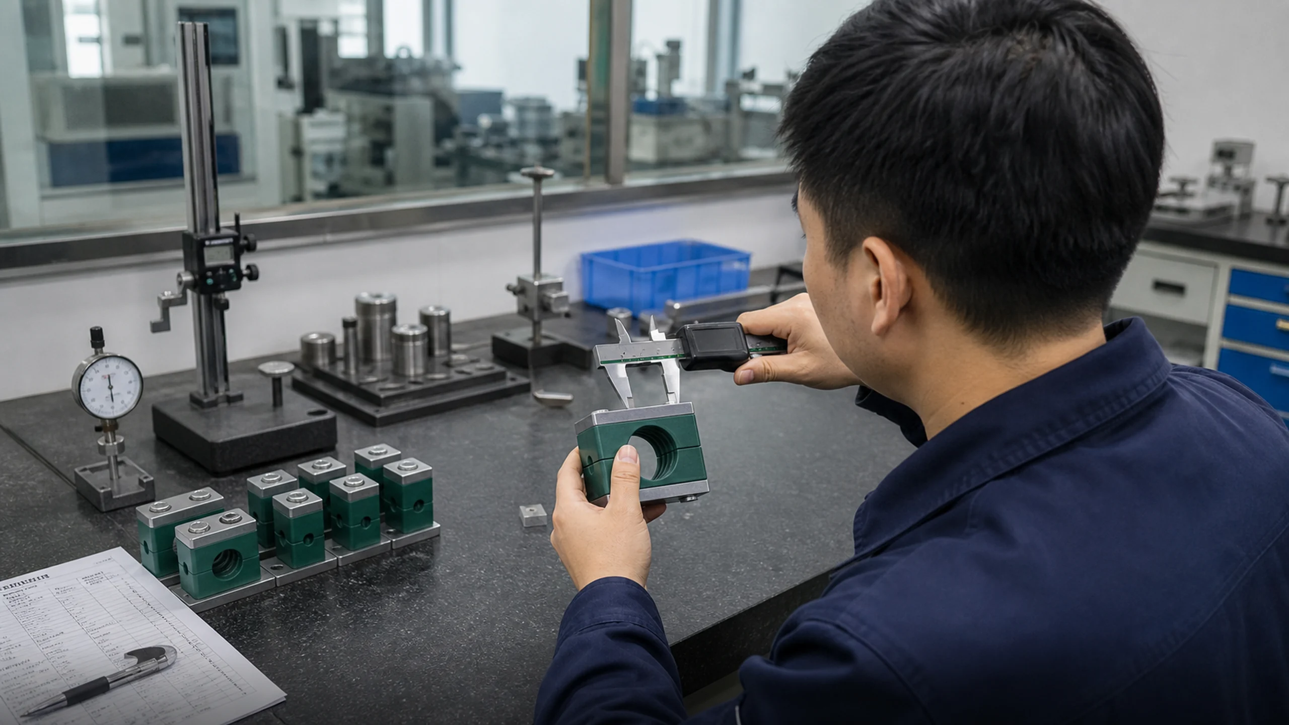 Weique in-house quality inspection laboratory — dimensional inspection of pipe clamp bodies and fittings