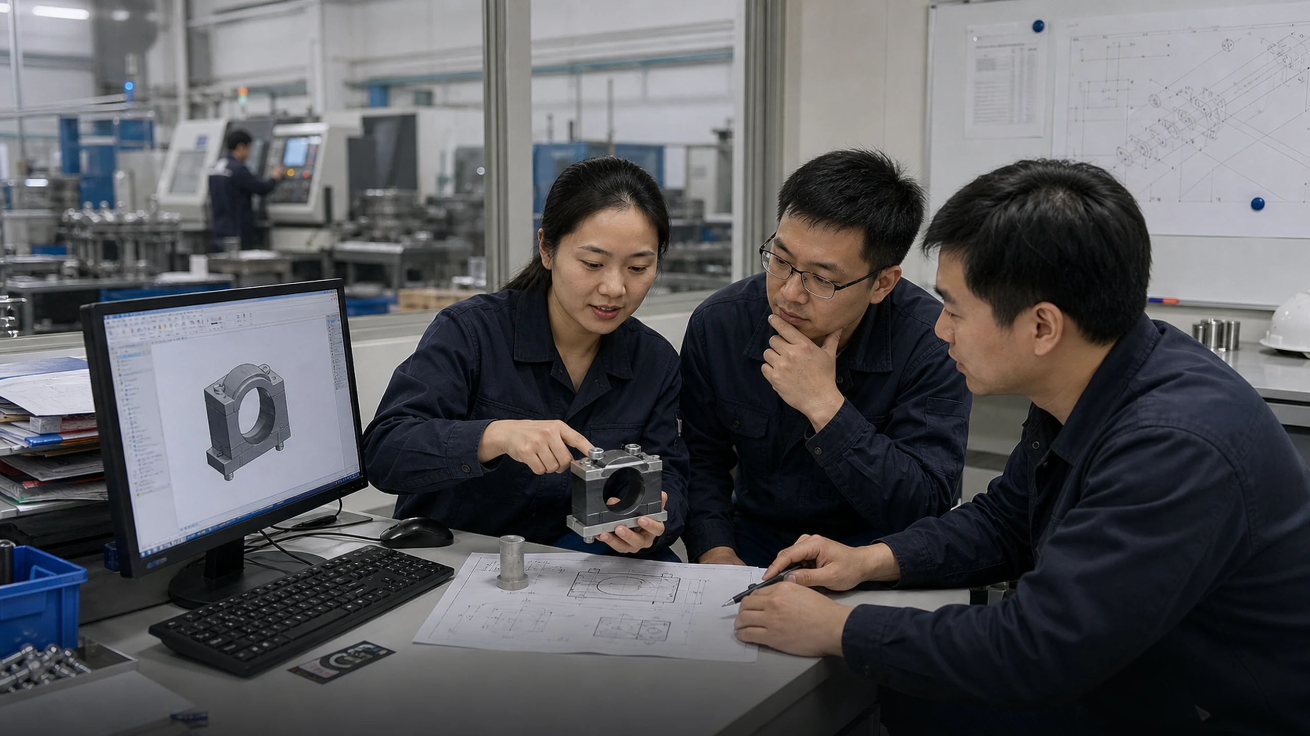 Weique engineering and R&D office — CAD design review of clamp components for wind-turbine applications