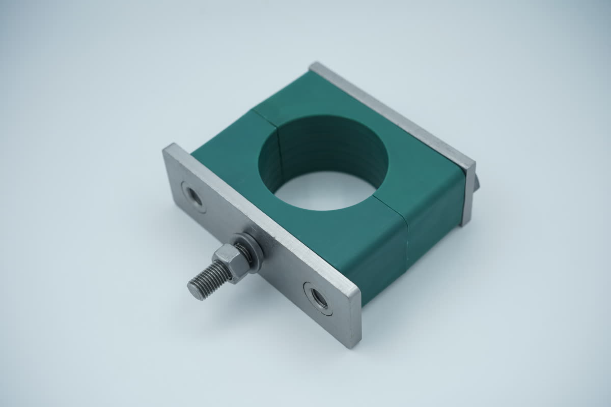 Green thermoplastic heavy pipe clamp angled view with bracket details