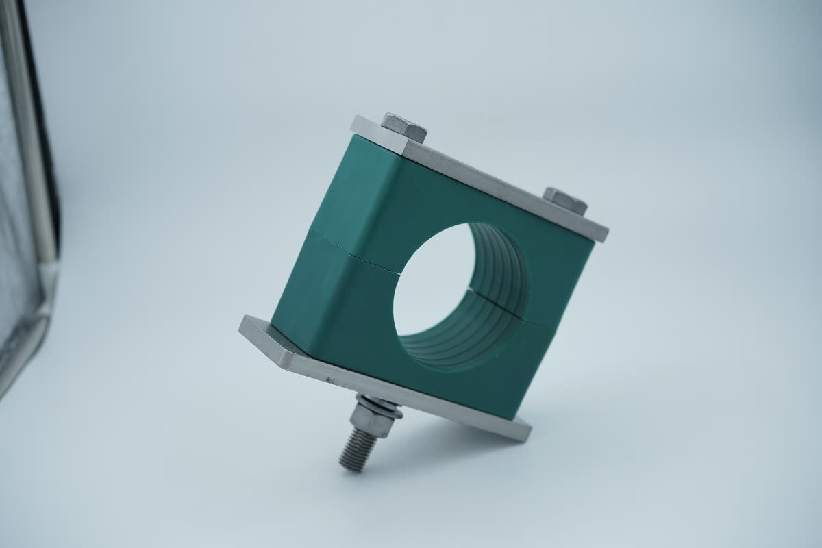 Green heavy plastic wind turbine pipe clamp three quarter view